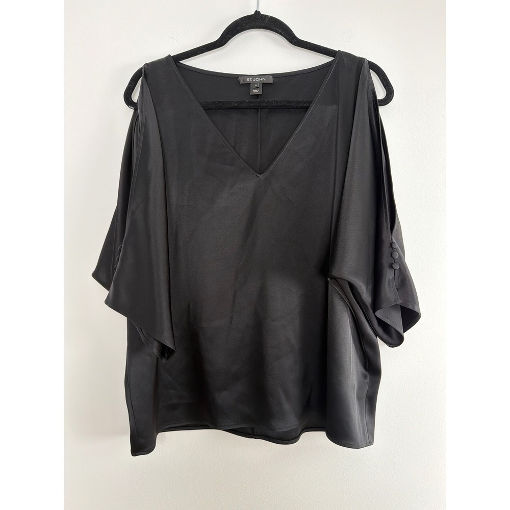 St. John Liquid Satin Blouse Women M Black Cold Shoulder V-Neck Elegant Chic